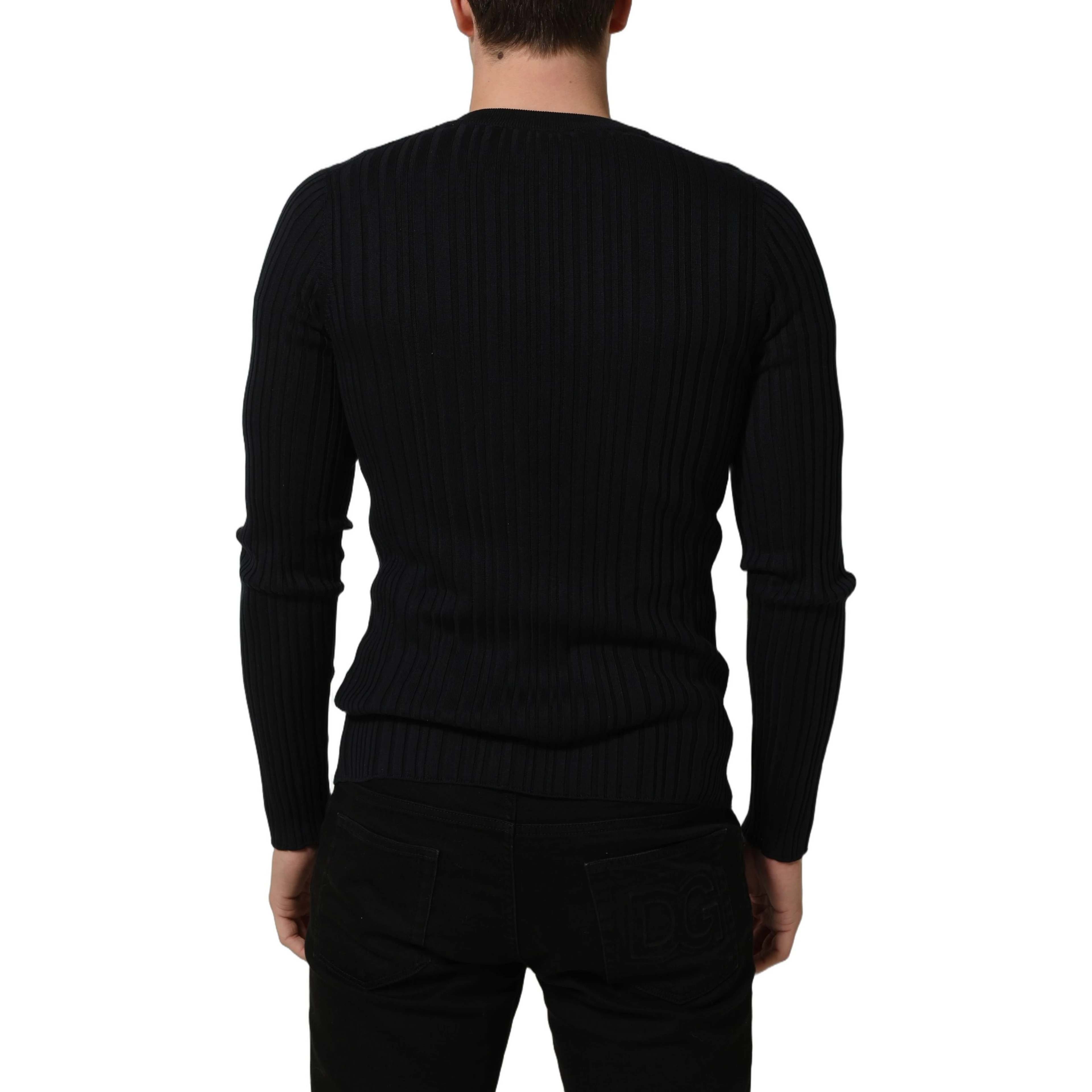Black Silk Blend V-neck Pullover Men Sweater