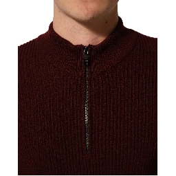 Burgundy Wool Half Zip Men Pullover Sweater