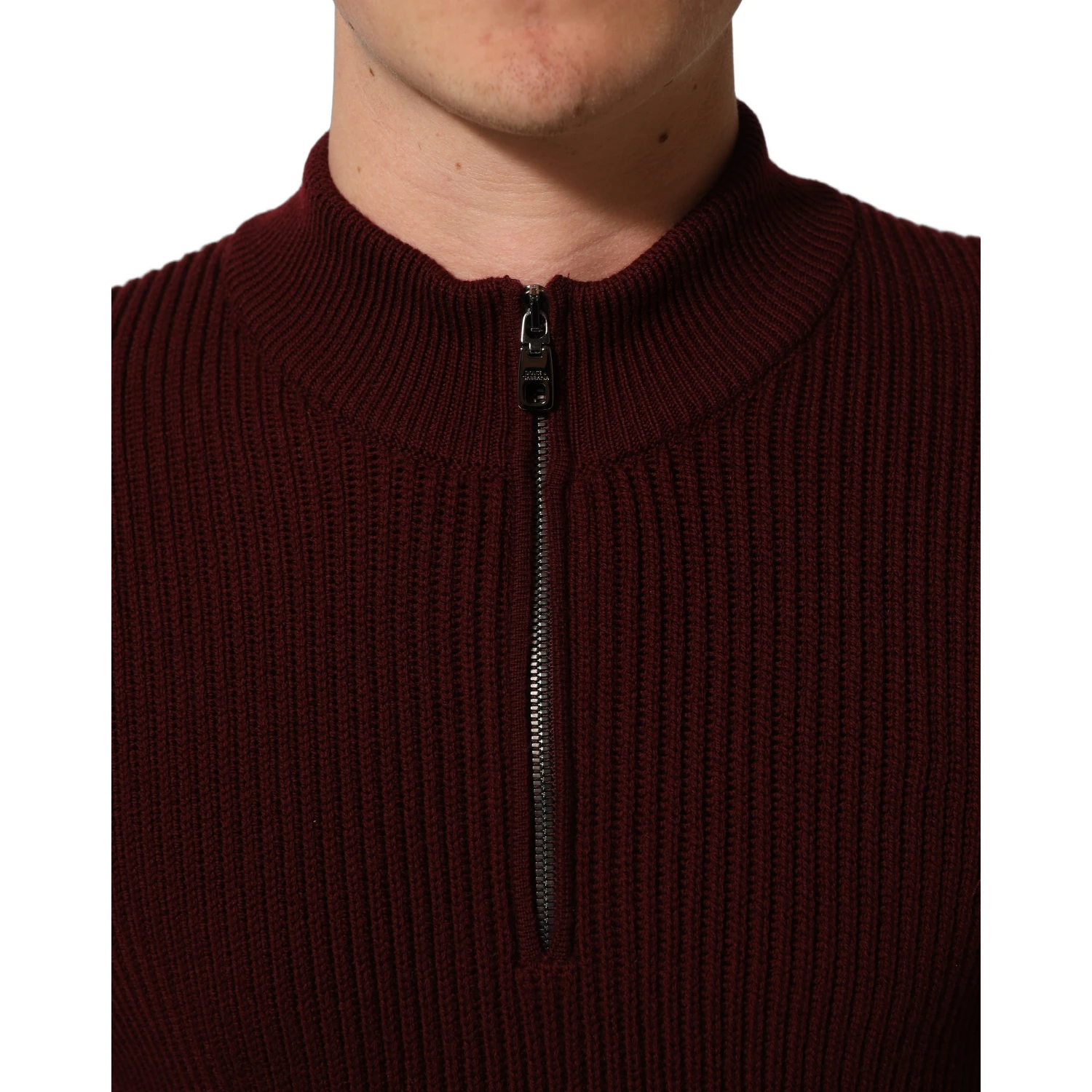 Burgundy Wool Half Zip Men Pullover Sweater