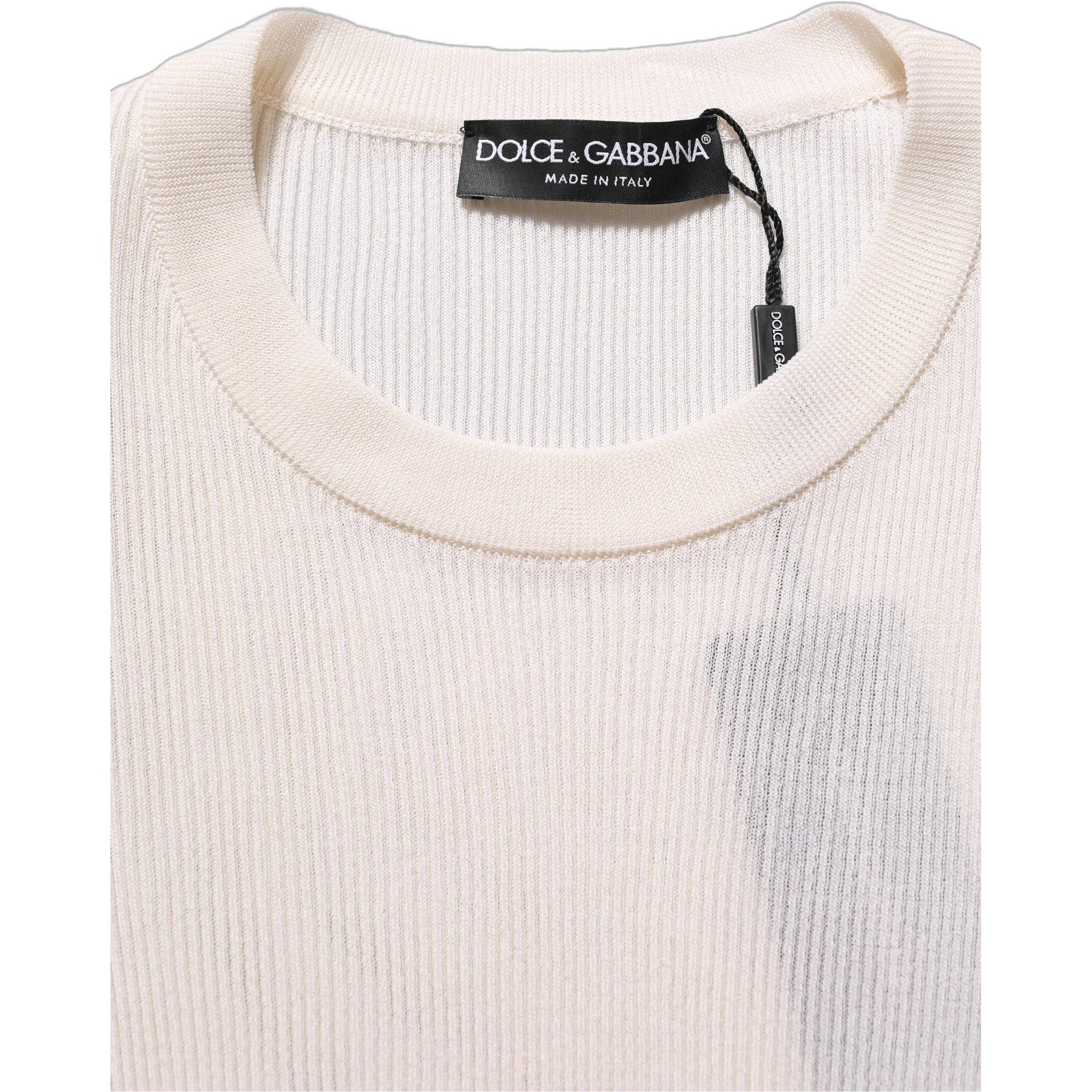 White Silk Crew Neck Men Pullover Sweater