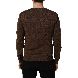 Brown Flax Buttoned V-neck Pullover Sweater