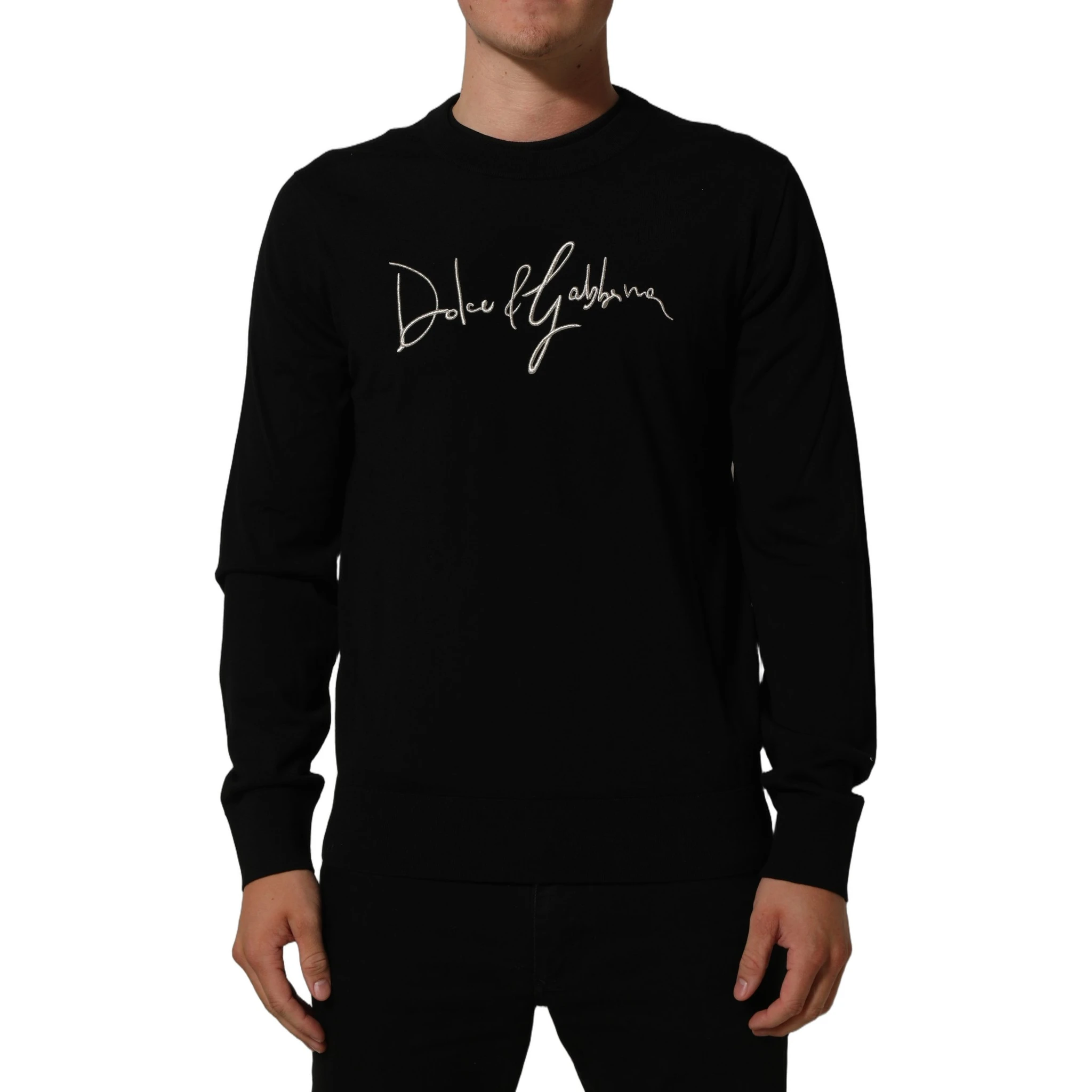 Black DG Embroidered Crew Neck Pullover Men Sweater