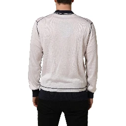 White Silk Collared Henley Pullover Sweater