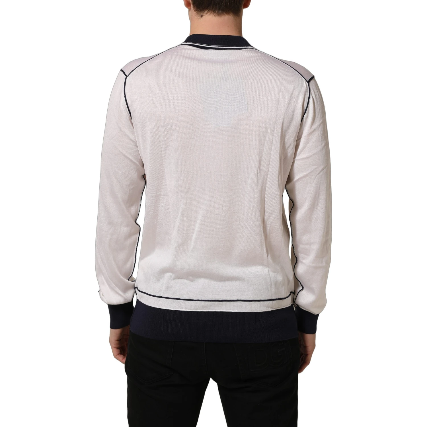 White Silk Collared Henley Pullover Sweater