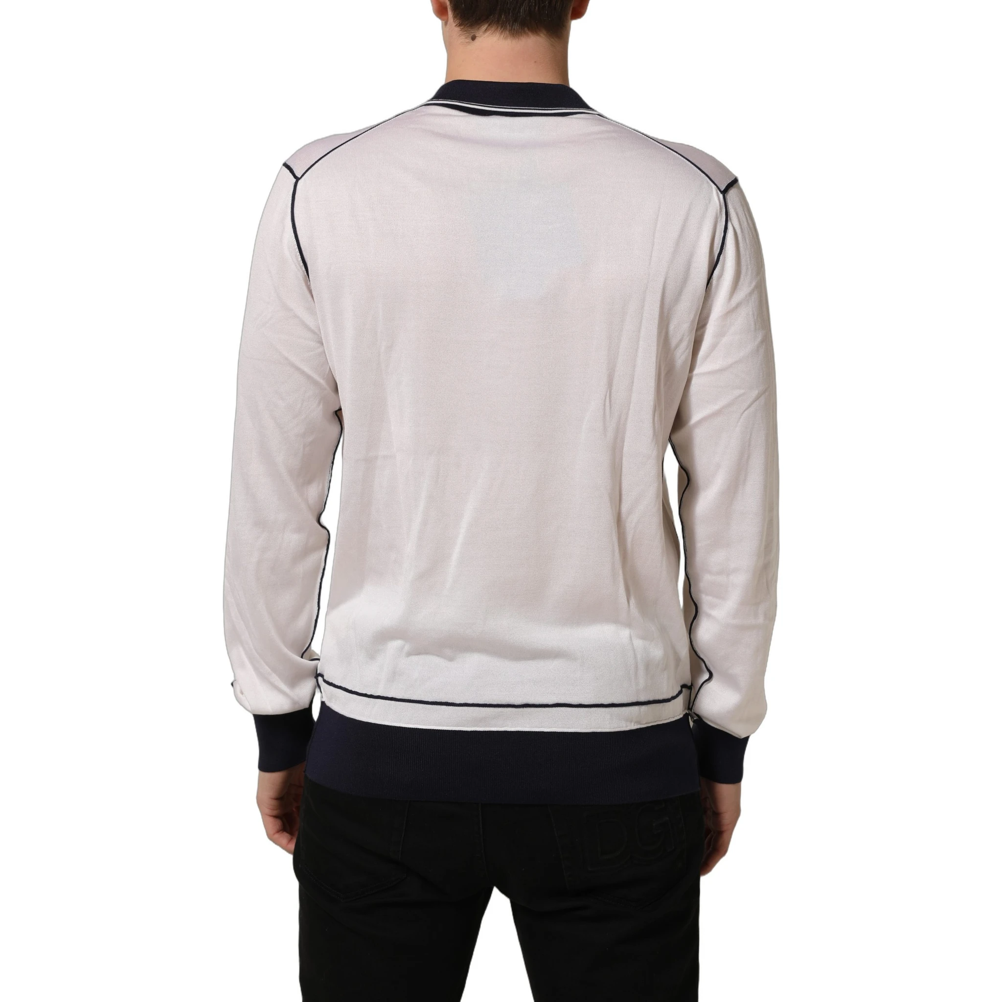 White Silk Collared Henley Pullover Sweater
