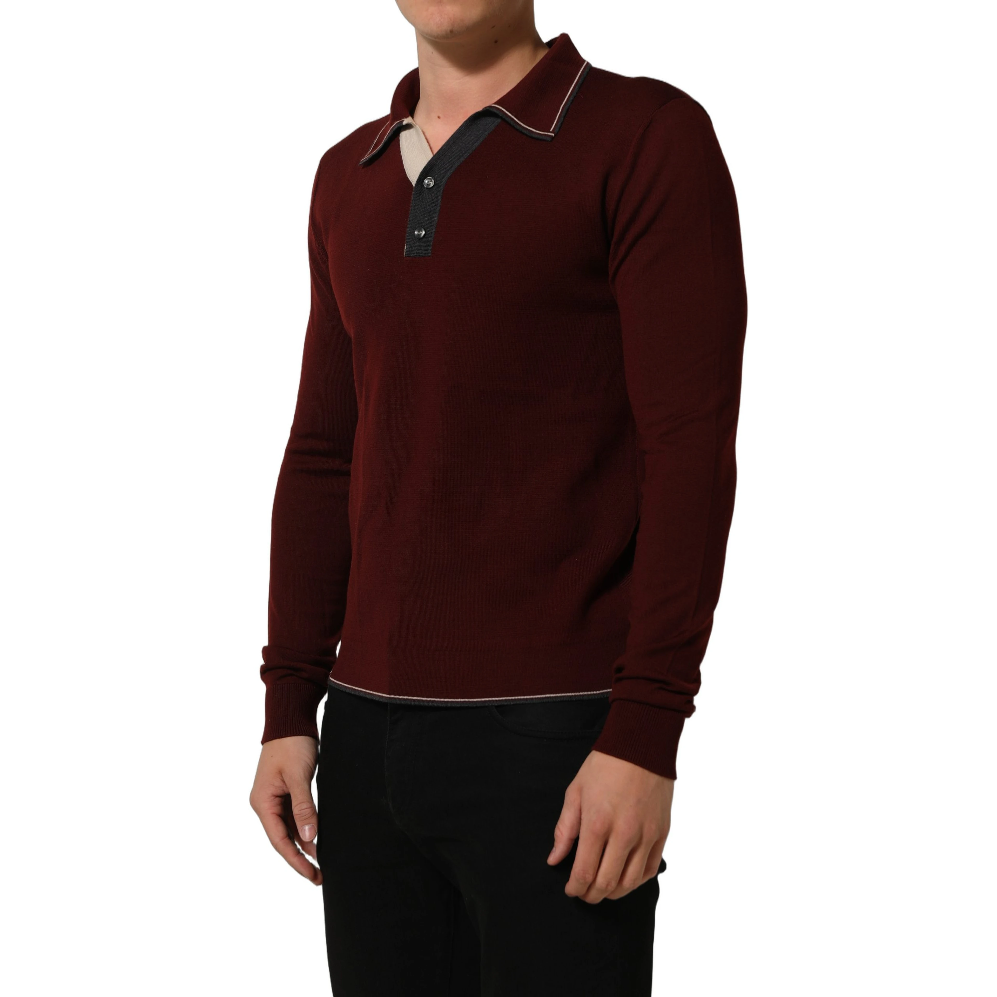 Burgundy Wool Knit Henley Pullover Sweater