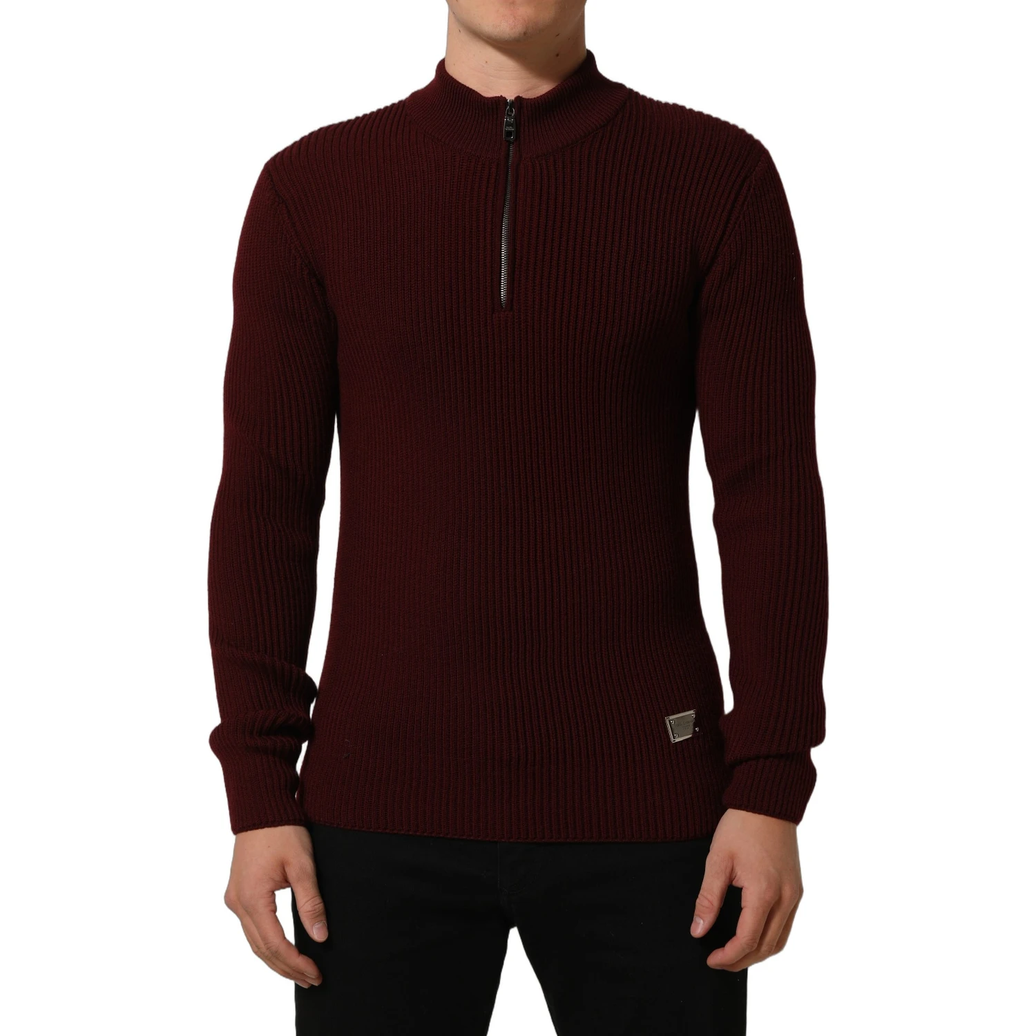 Burgundy Wool Half Zip Men Pullover Sweater