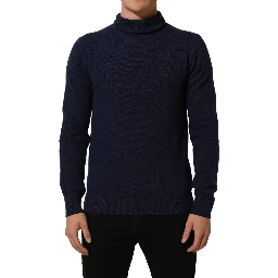 Blue Wool Knit Turtleneck Pullover Sweater