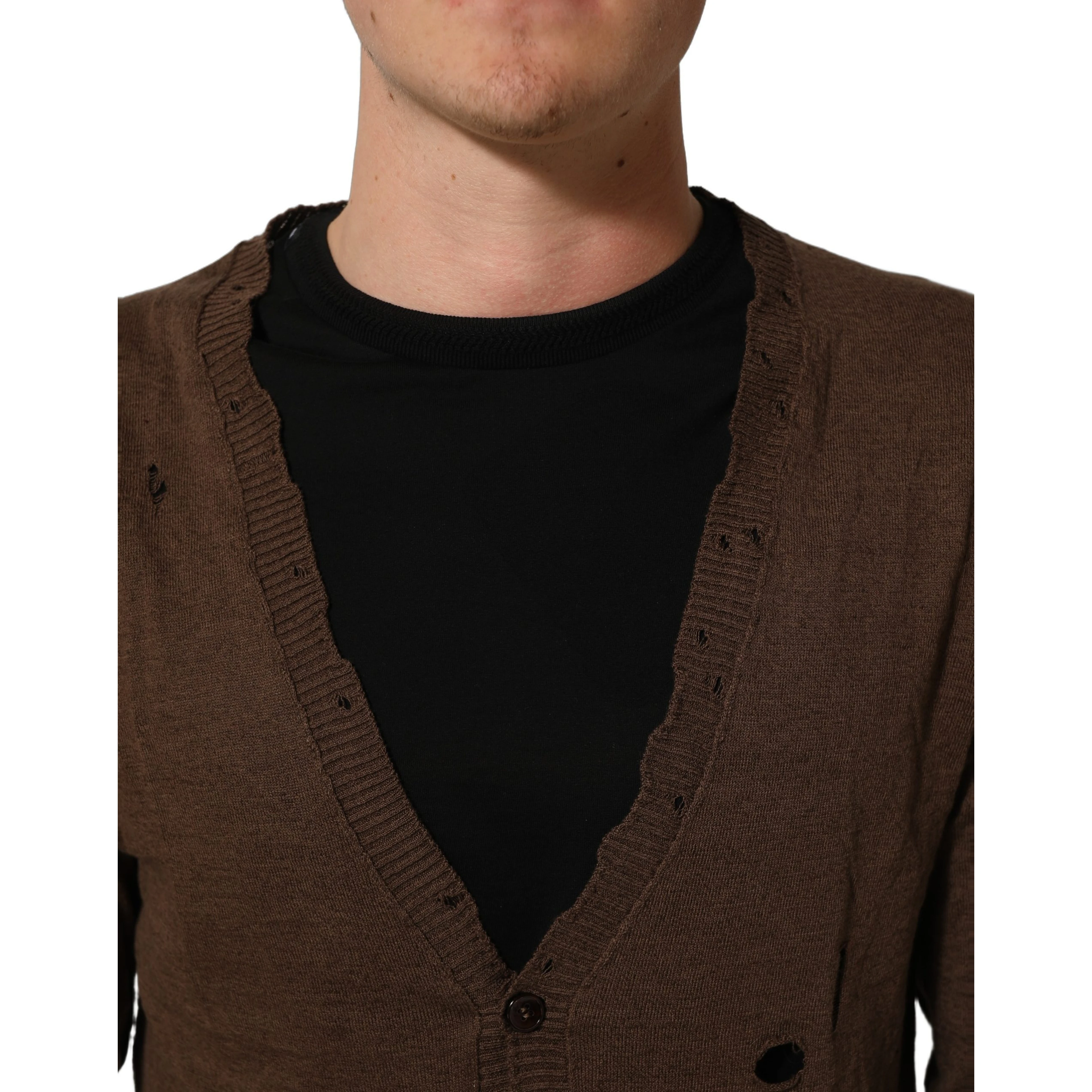 Brown Flax Buttoned V-neck Pullover Sweater