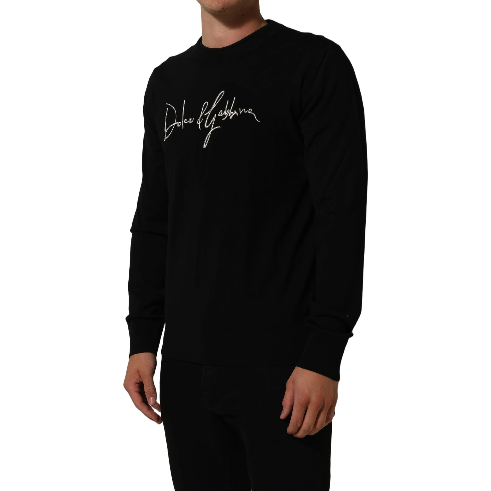 Black DG Embroidered Crew Neck Pullover Men Sweater