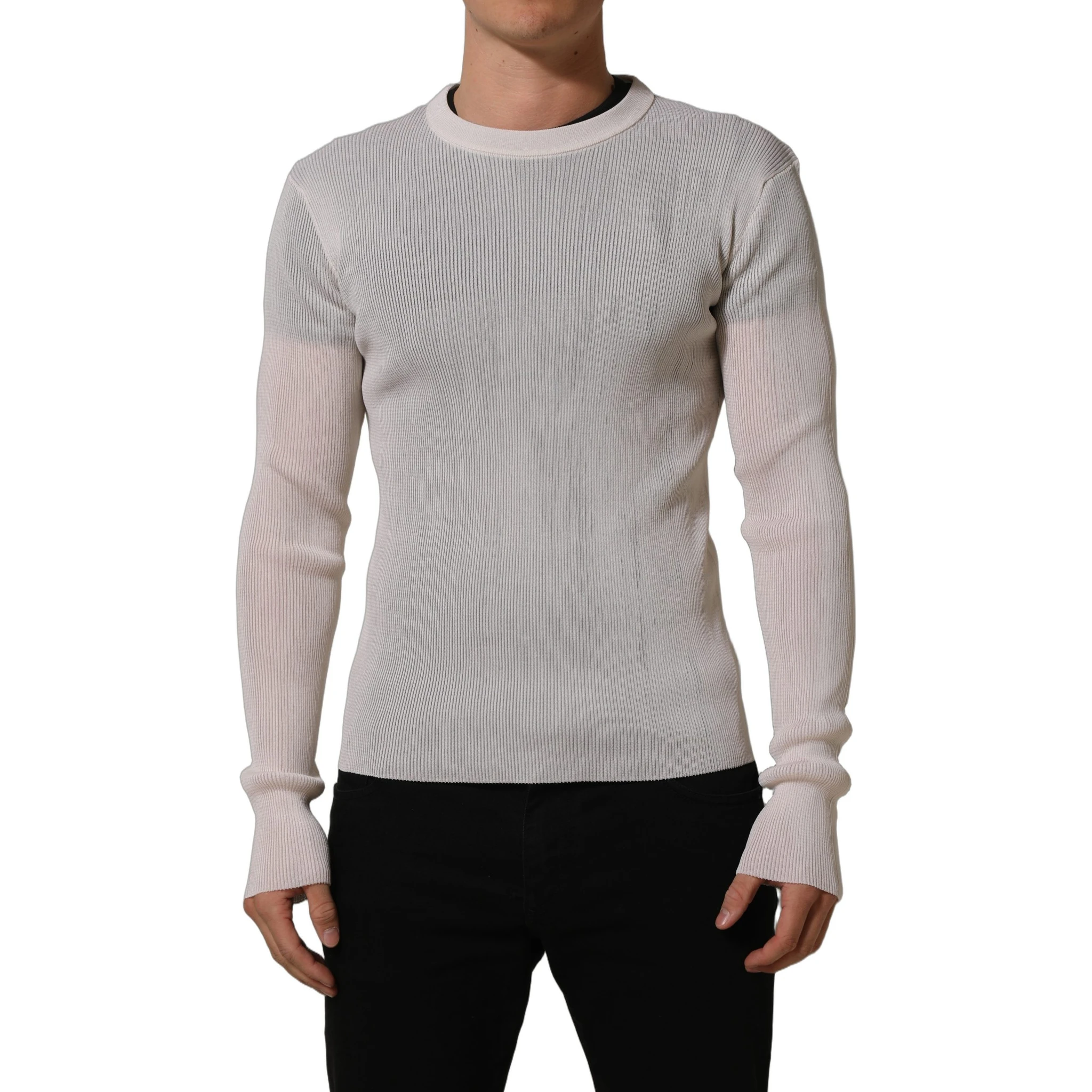 White Silk Crew Neck Men Pullover Sweater