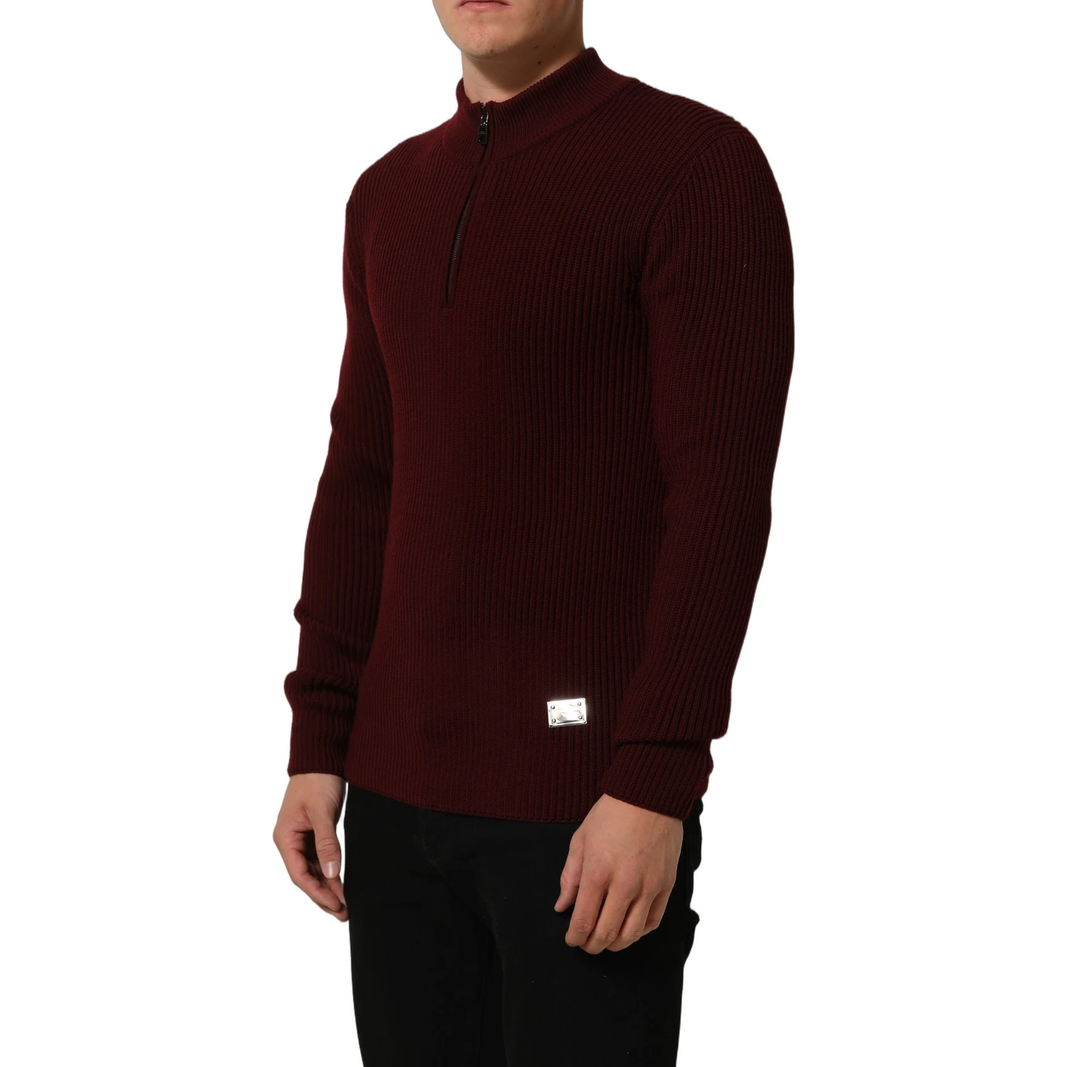 Burgundy Wool Half Zip Men Pullover Sweater