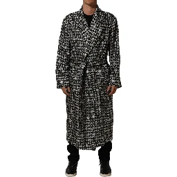 Black White Silk Men Wrap Robe Coat Jacket