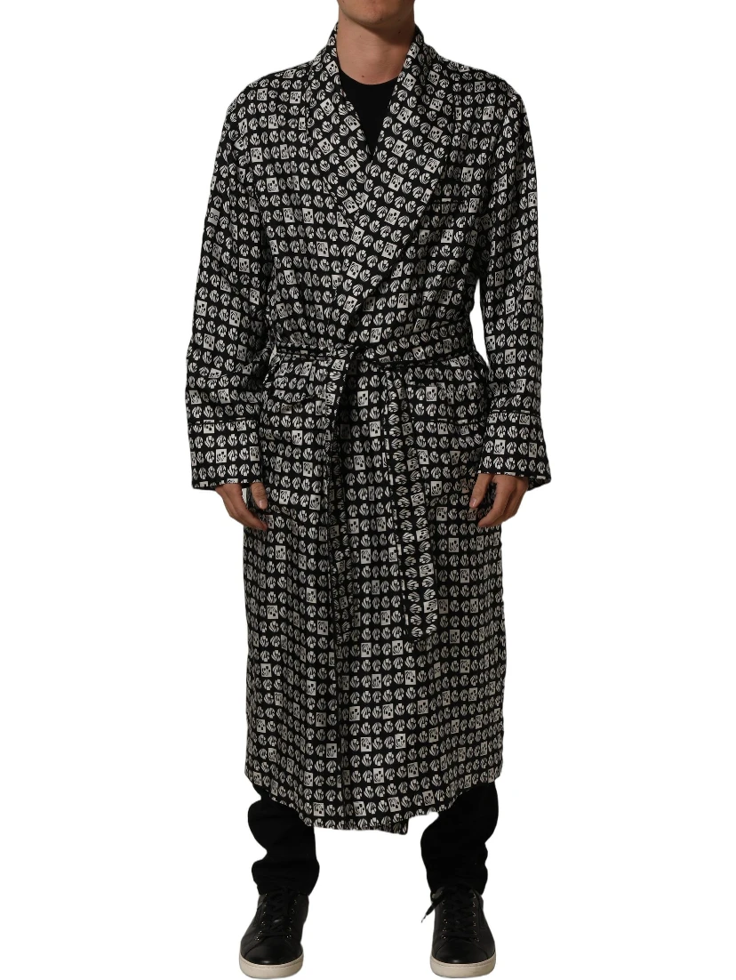 Black White Silk Men Wrap Robe Coat Jacket