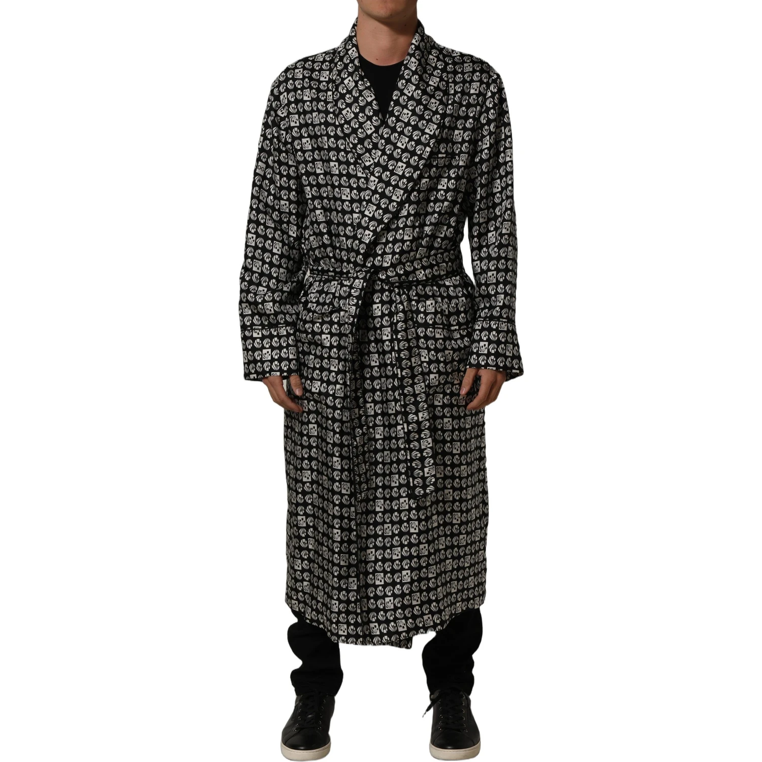 Black White Silk Men Wrap Robe Coat Jacket