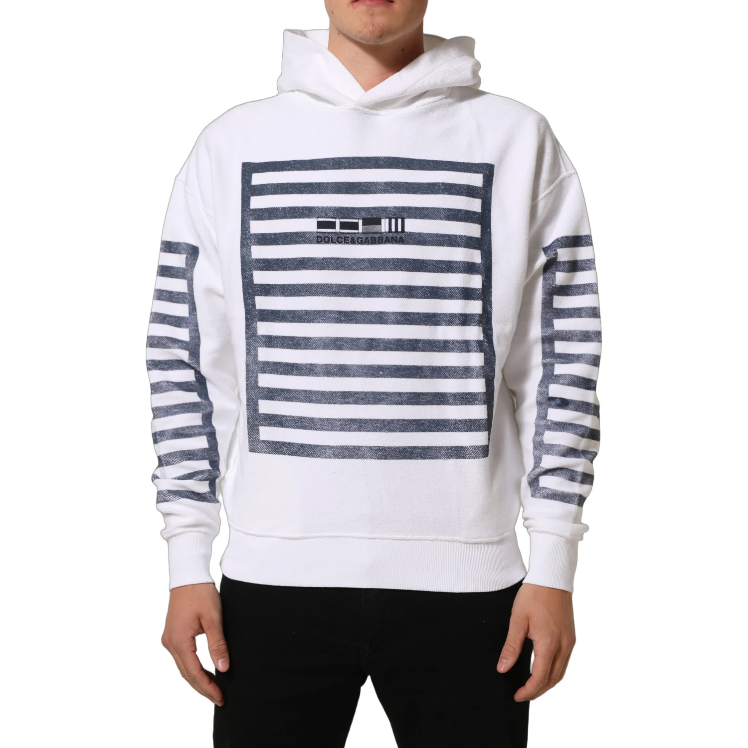 White Blue Stripe Hooded Sweatshirt Sweater