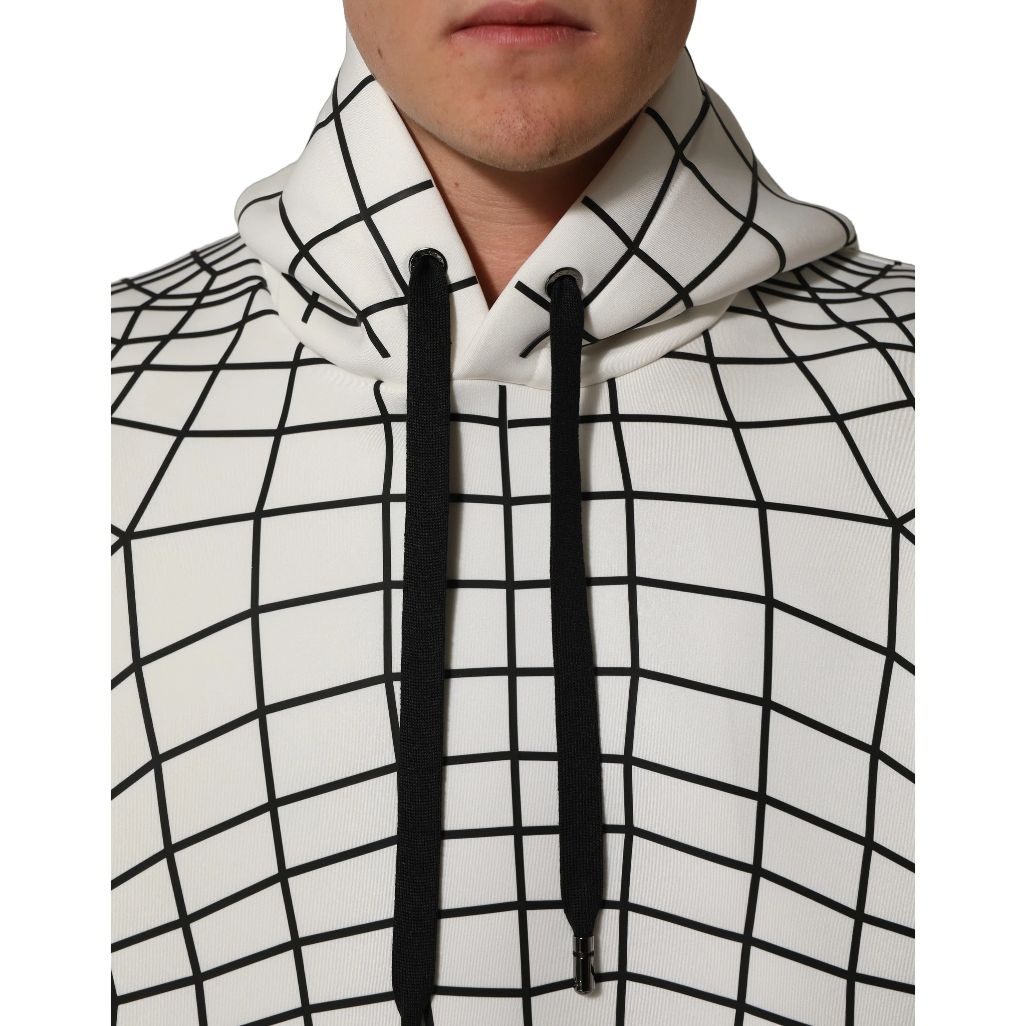 White Black WarpGrid Pattern Hoodie Sweater