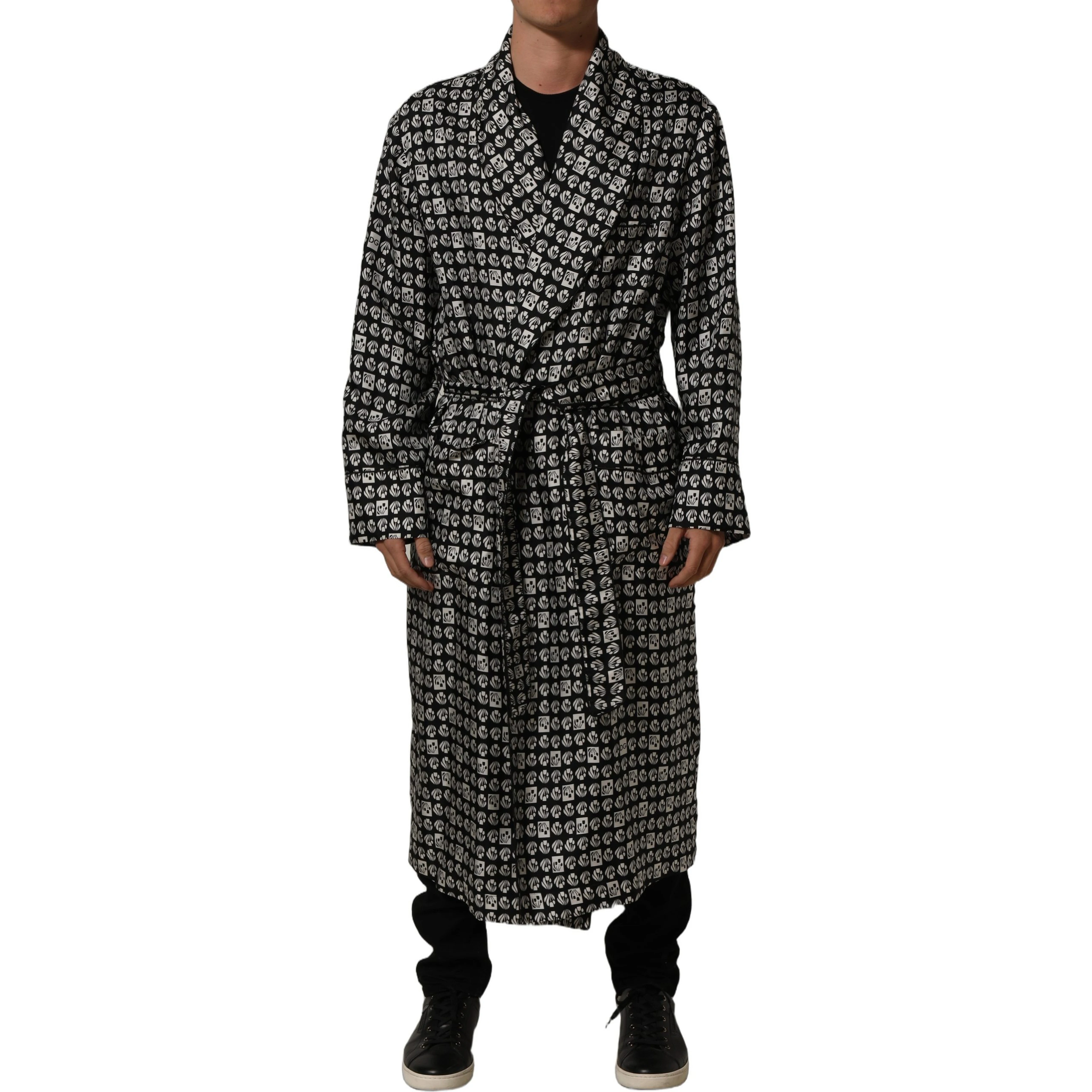 Black White Silk Men Wrap Robe Coat Jacket