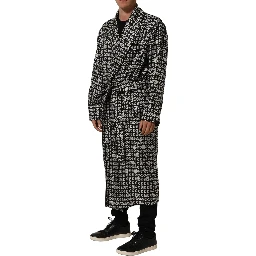 Black White Silk Men Wrap Robe Coat Jacket