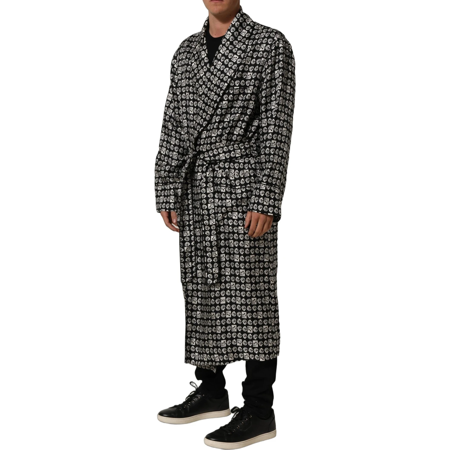 Black White Silk Men Wrap Robe Coat Jacket