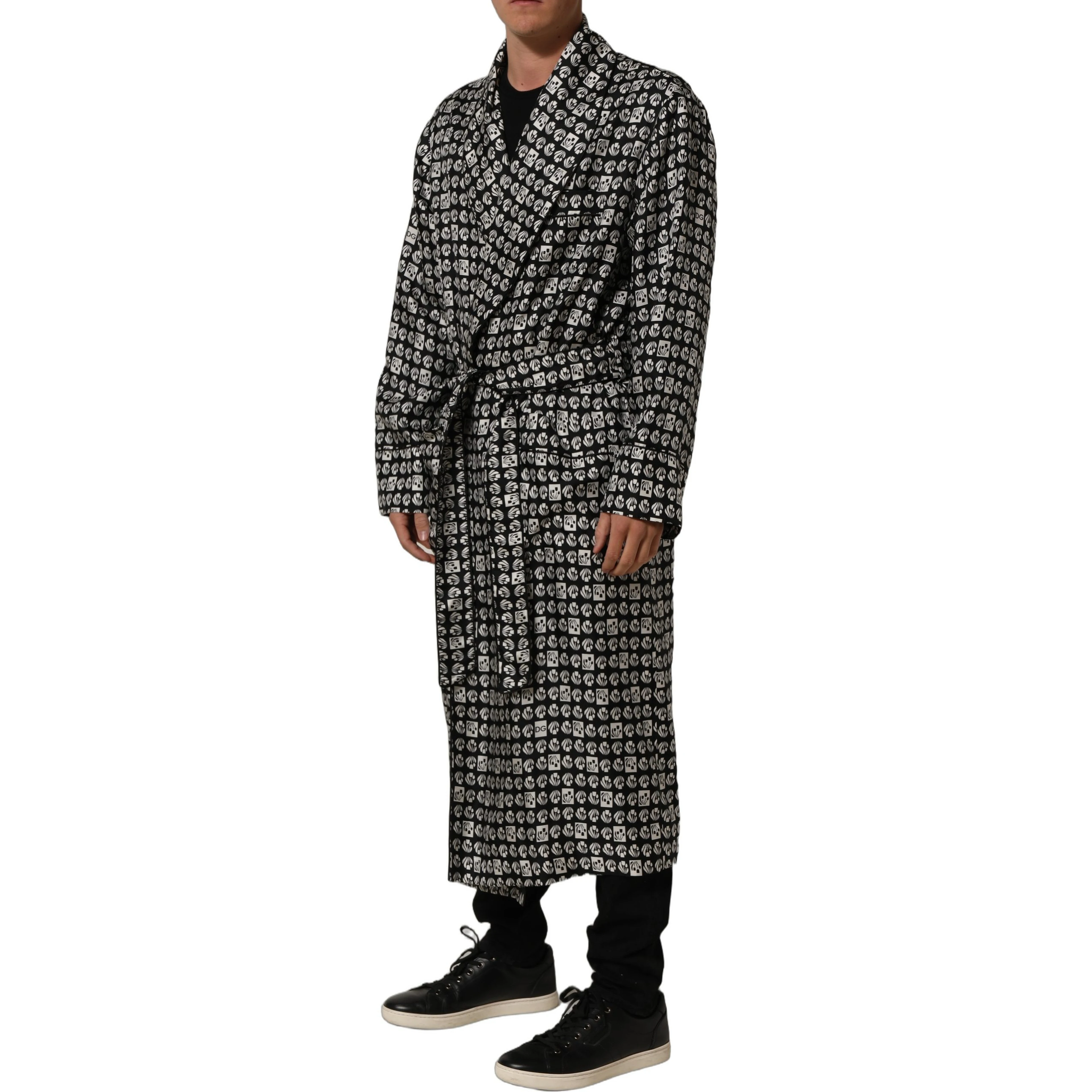 Black White Silk Men Wrap Robe Coat Jacket