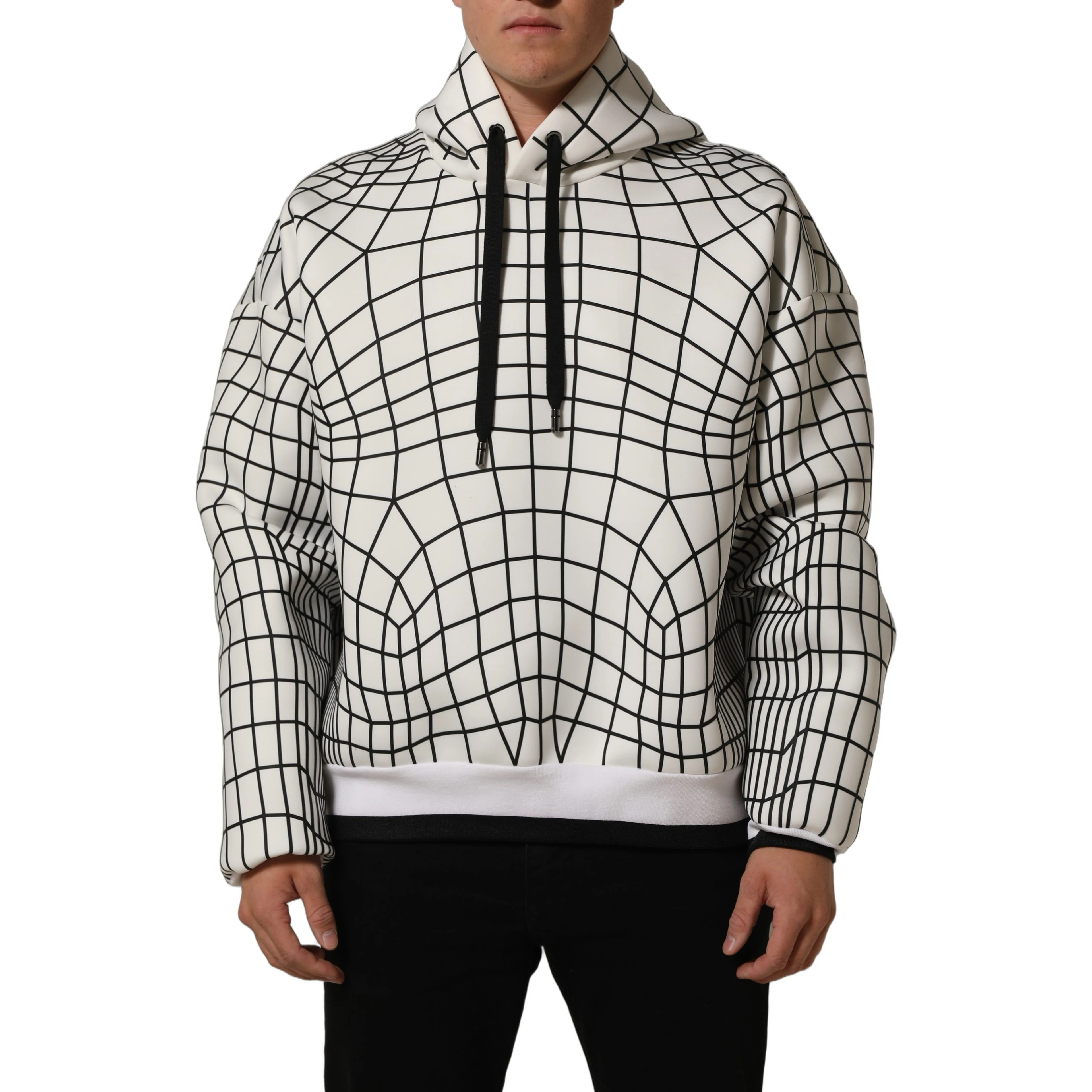 White Black WarpGrid Pattern Hoodie Sweater
