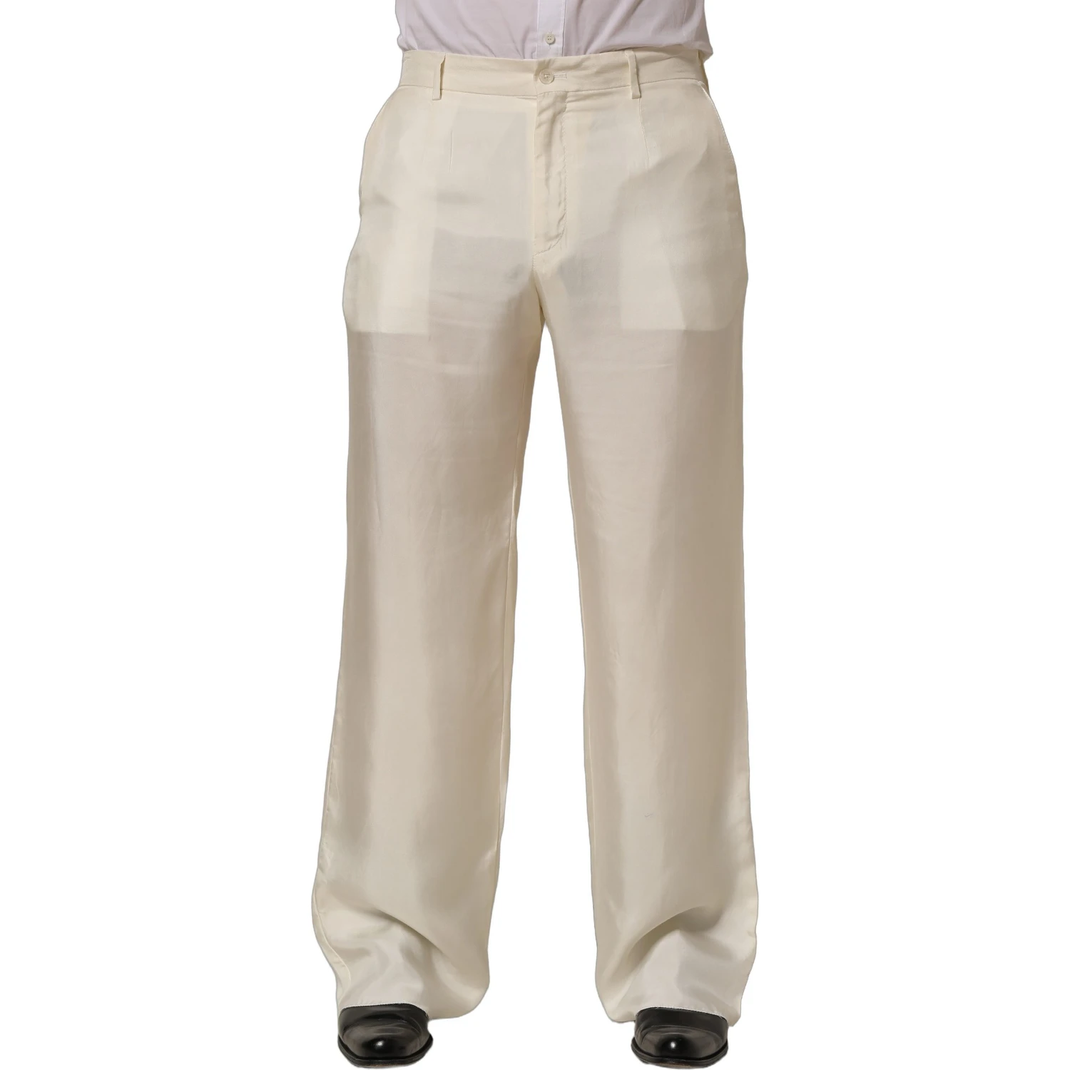 Off White Silk Straight Wide Leg Trouser Pants