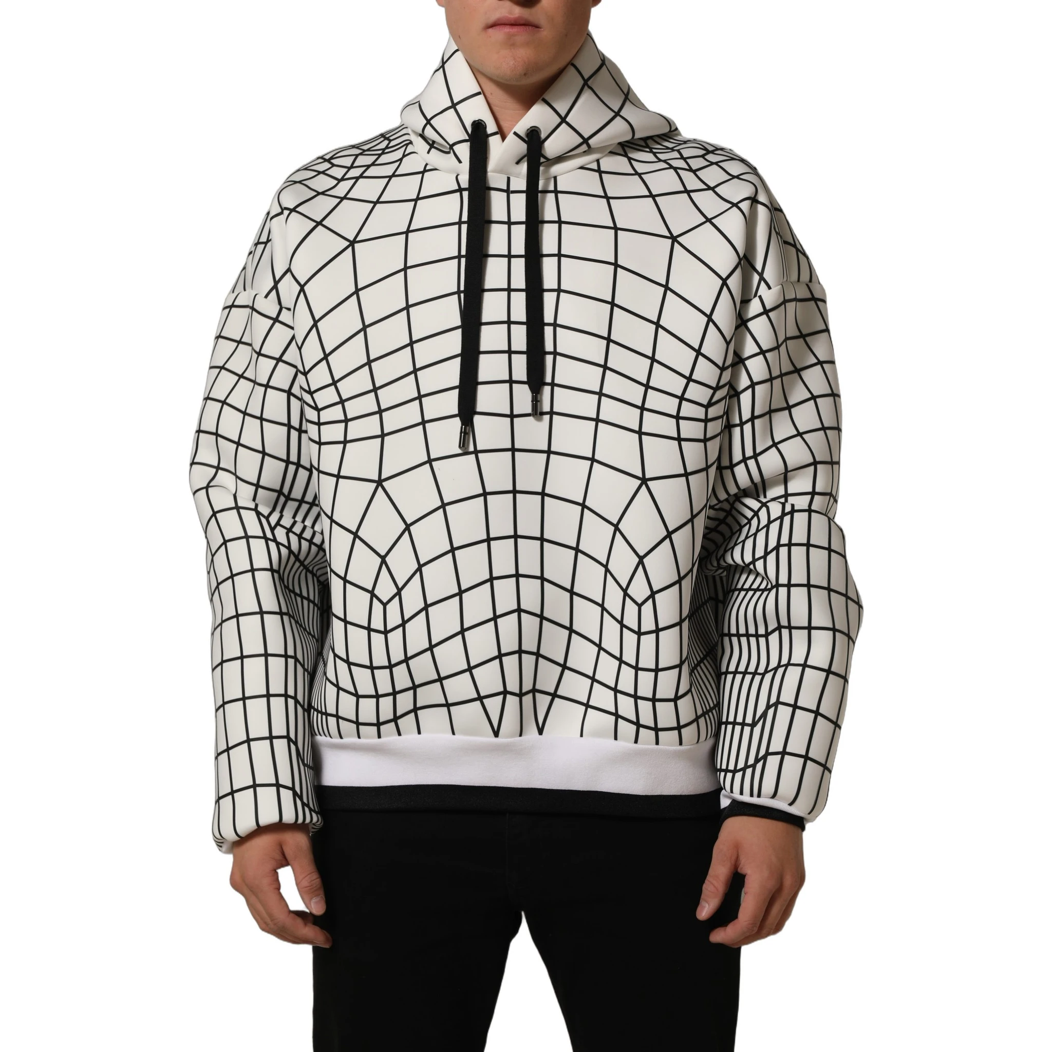 White Black WarpGrid Pattern Hoodie Sweater