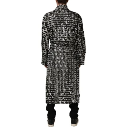 Black White Silk Men Wrap Robe Coat Jacket