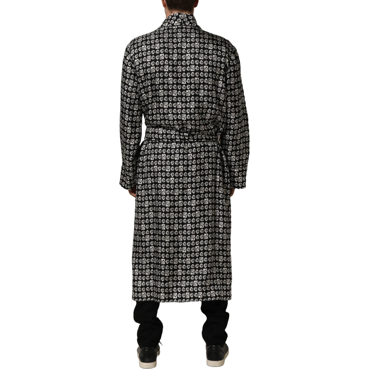 Black White Silk Men Wrap Robe Coat Jacket