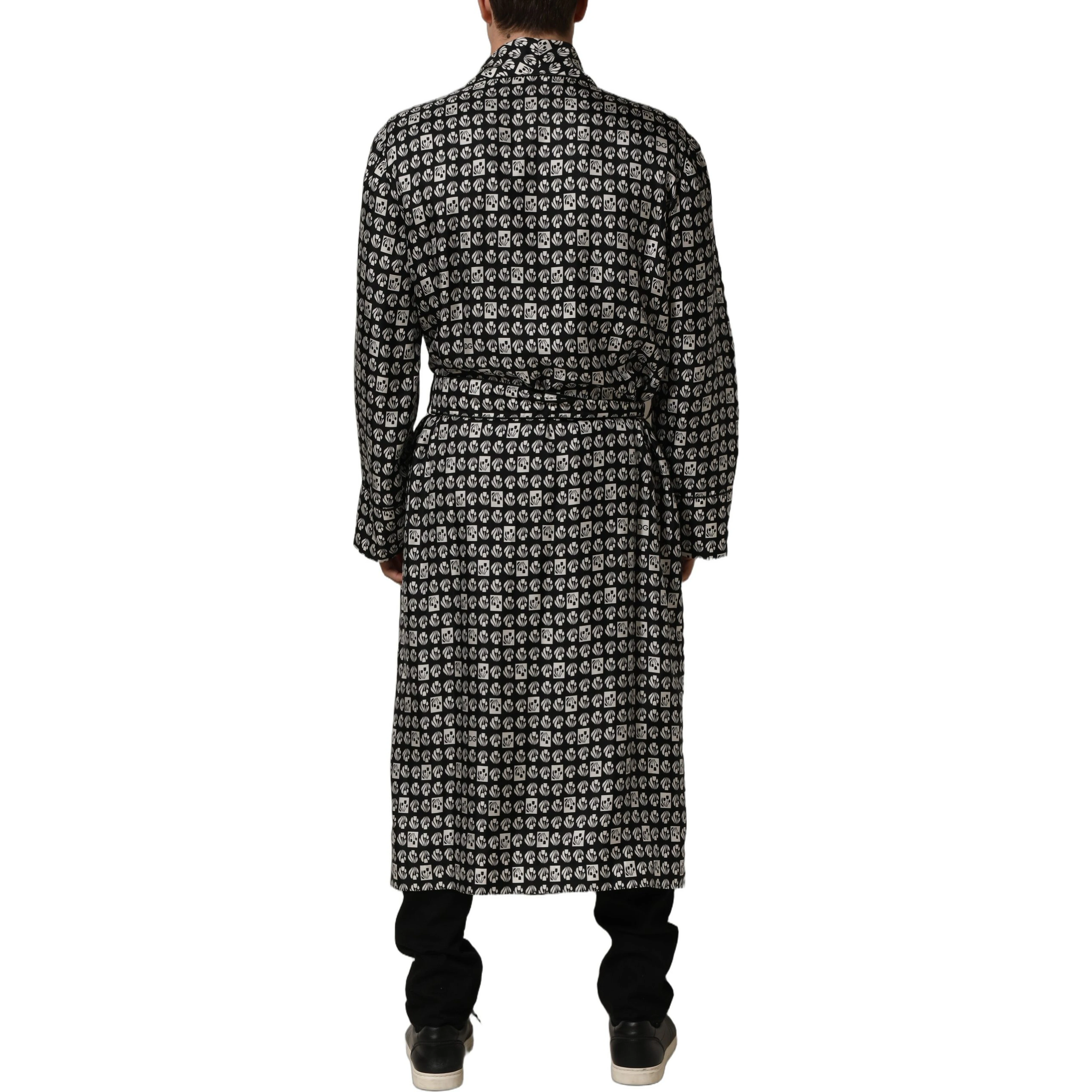 Black White Silk Men Wrap Robe Coat Jacket