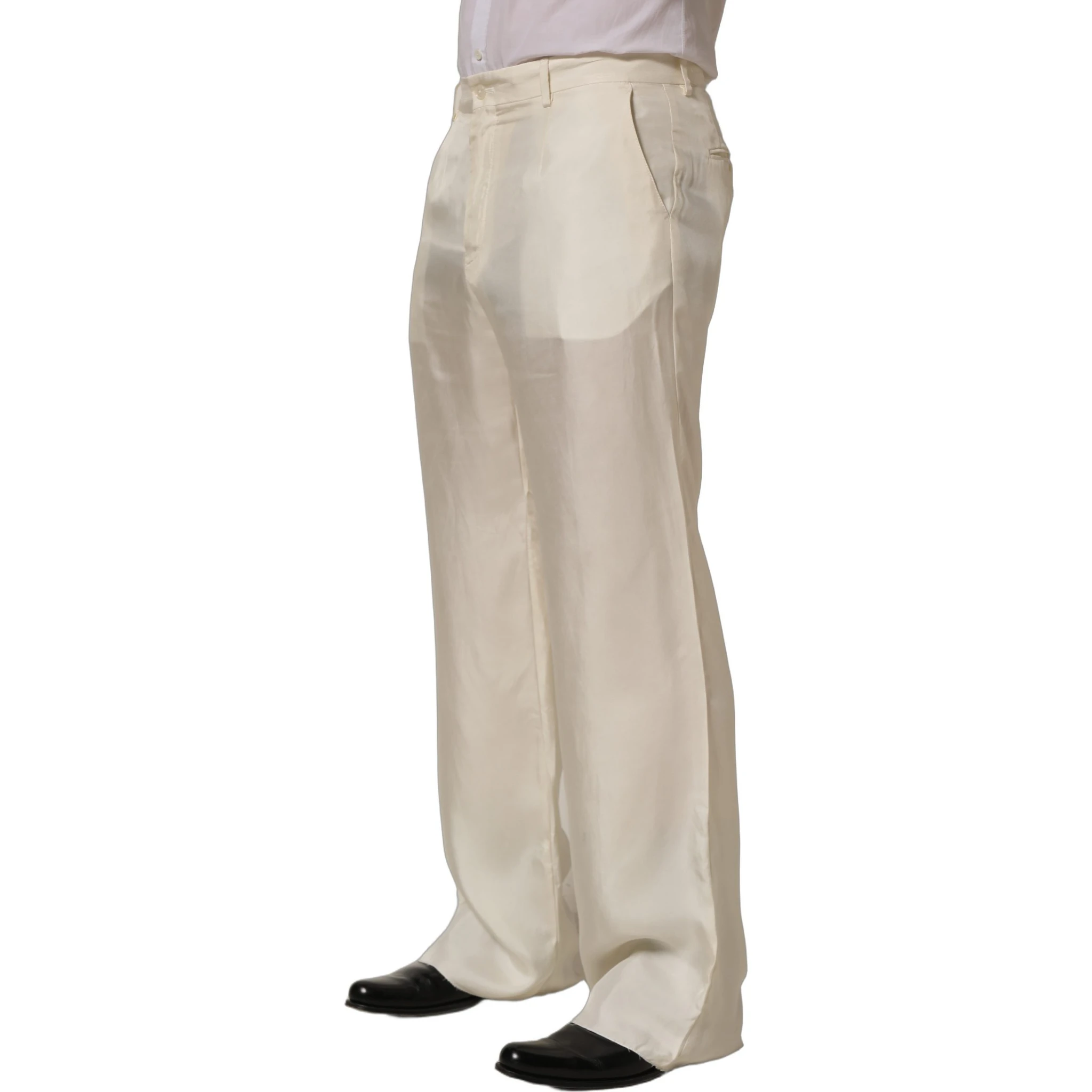 Off White Silk Straight Wide Leg Trouser Pants