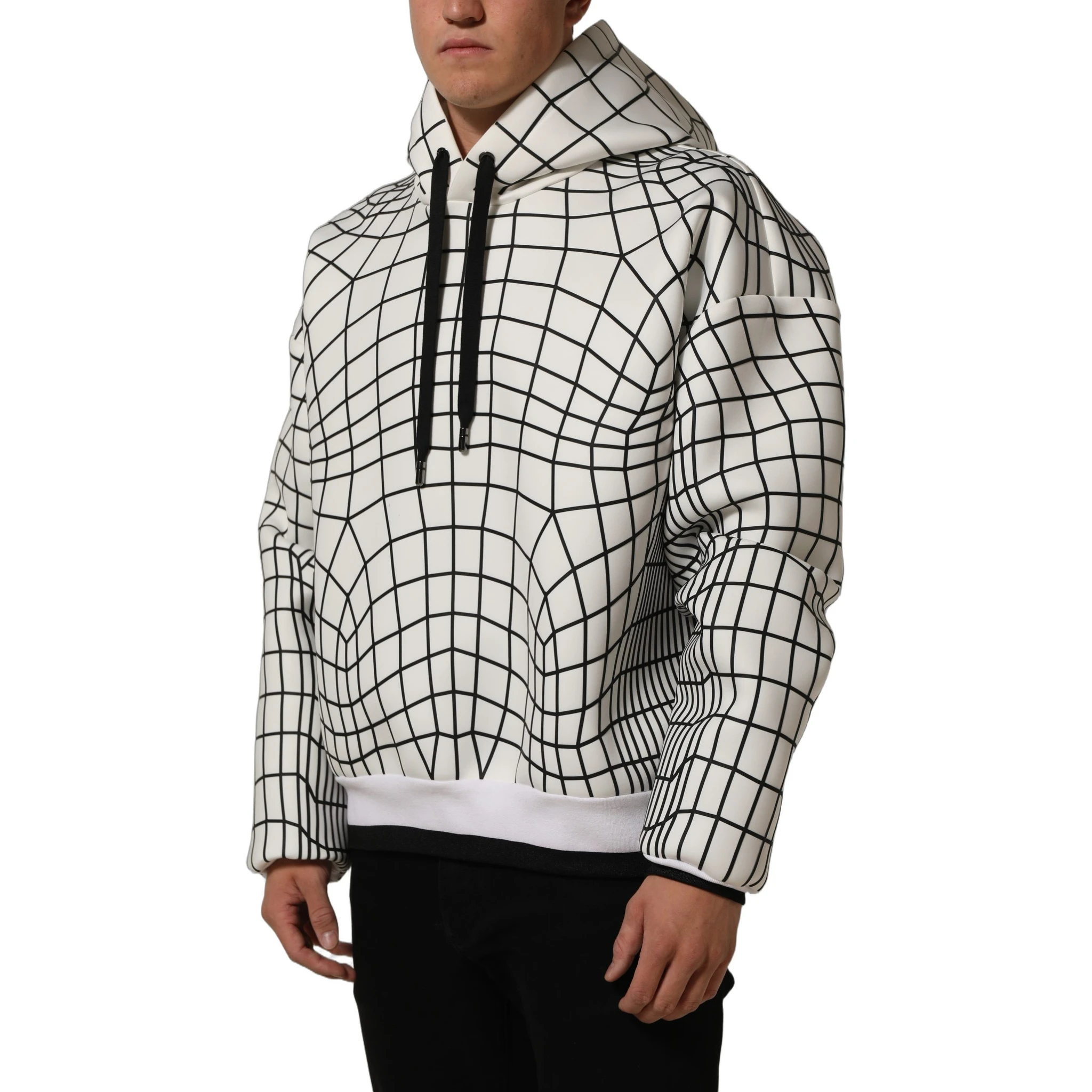 White Black WarpGrid Pattern Hoodie Sweater