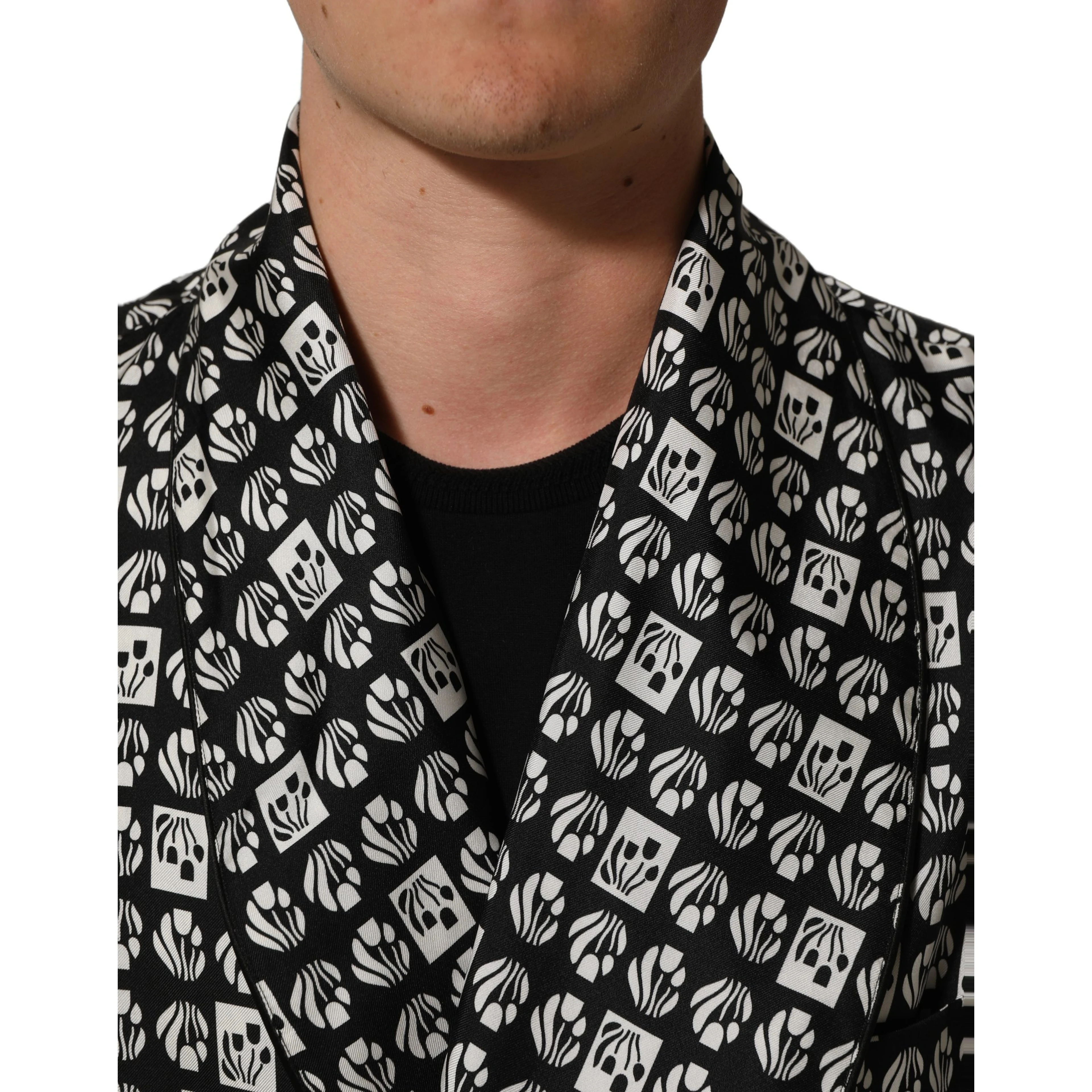 Black White Silk Men Wrap Robe Coat Jacket