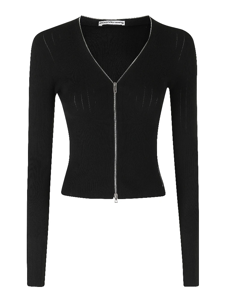LS V-NECK POINTELLE CARDIGAN W ZIP