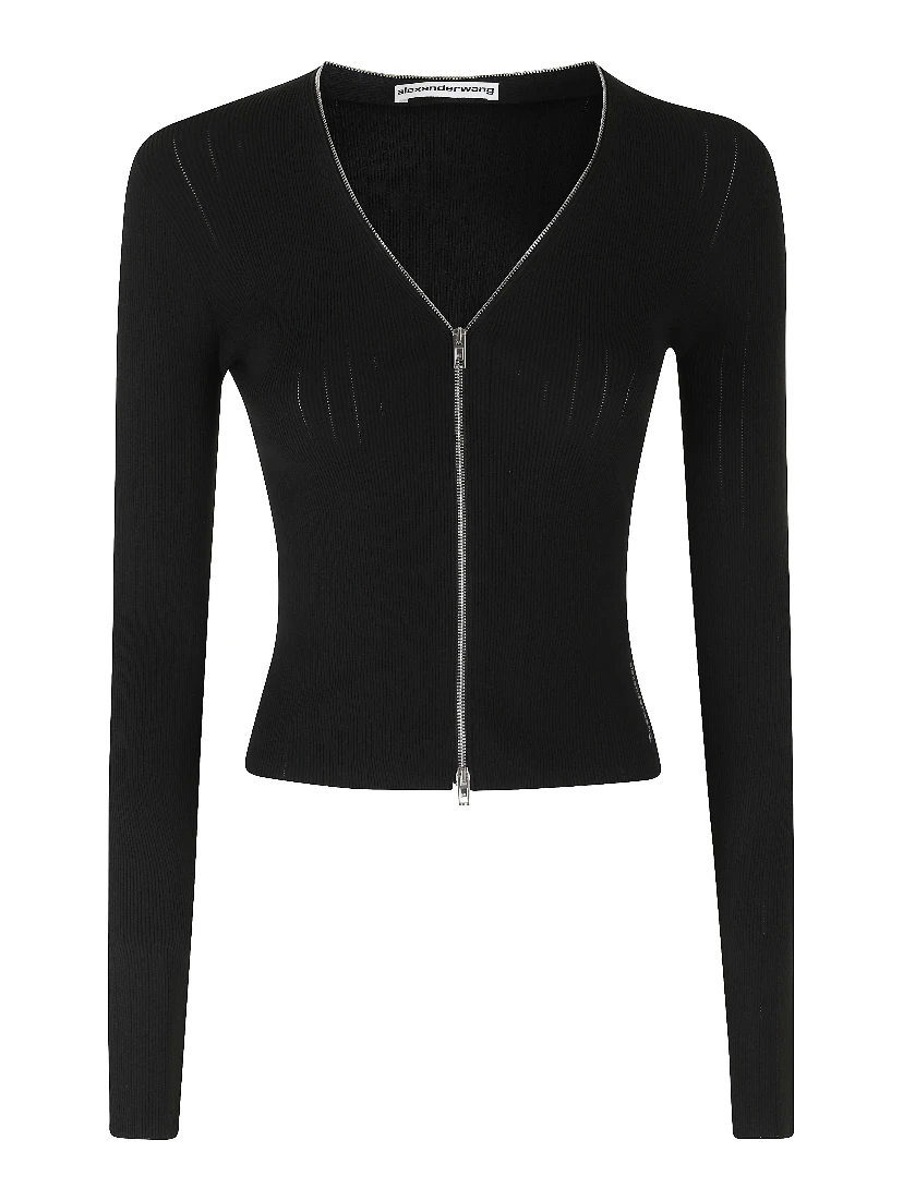 LS V-NECK POINTELLE CARDIGAN W ZIP