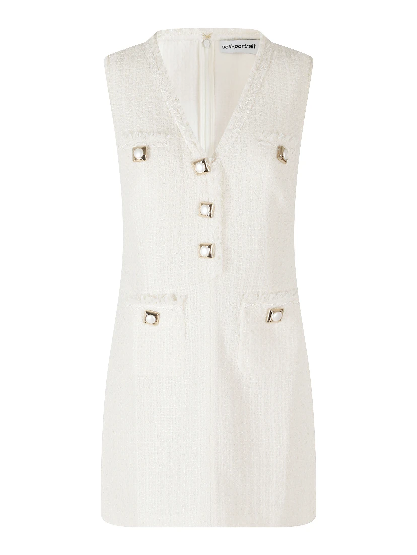 CREAM SLEEVELESS BOUCLE MINI DRESS