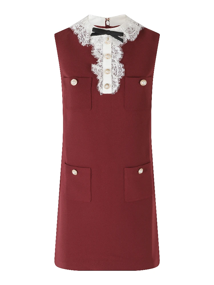 BURGUNDY CREPE LACE COLLAR MINI DRESS