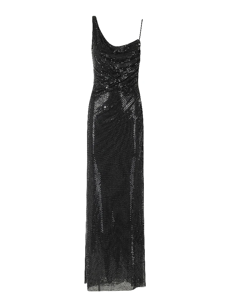 BLACK RHINESTONE DRAPED MAXI DRESS