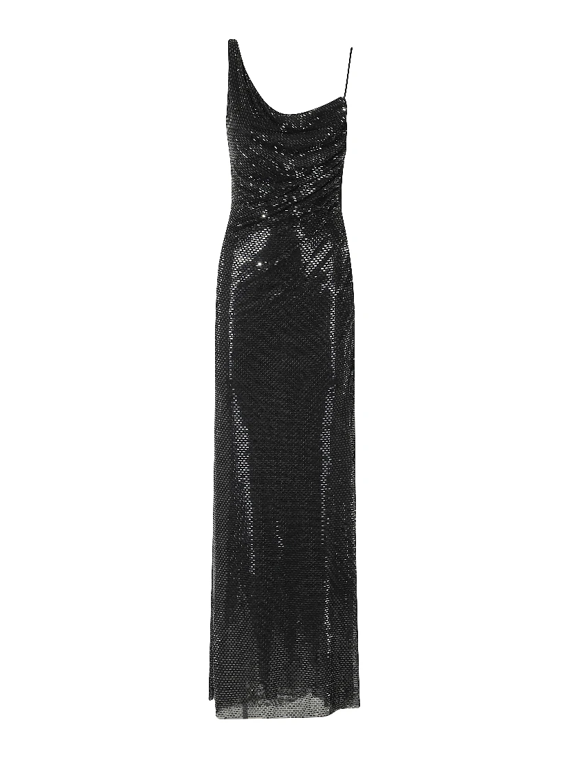 BLACK RHINESTONE DRAPED MAXI DRESS