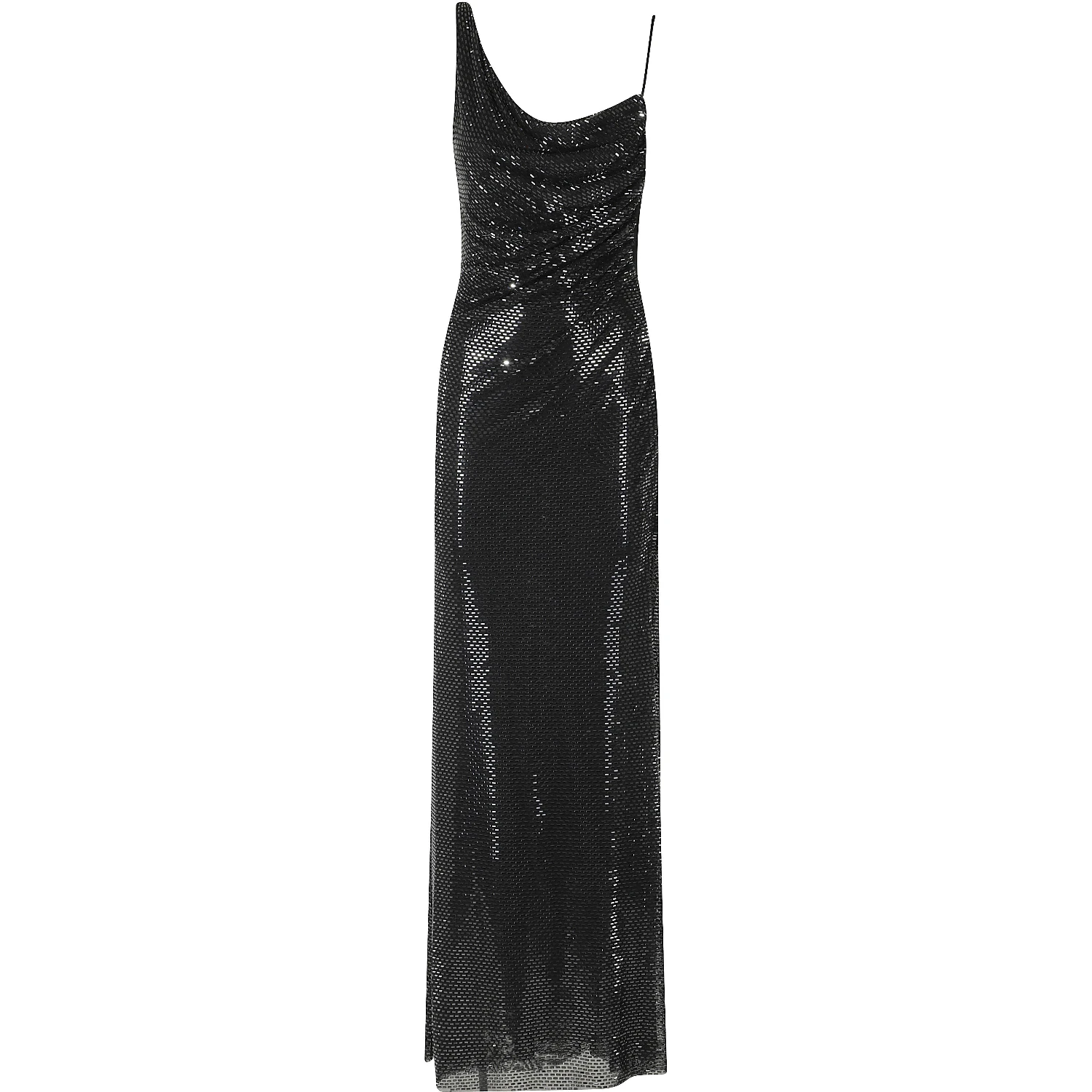 BLACK RHINESTONE DRAPED MAXI DRESS