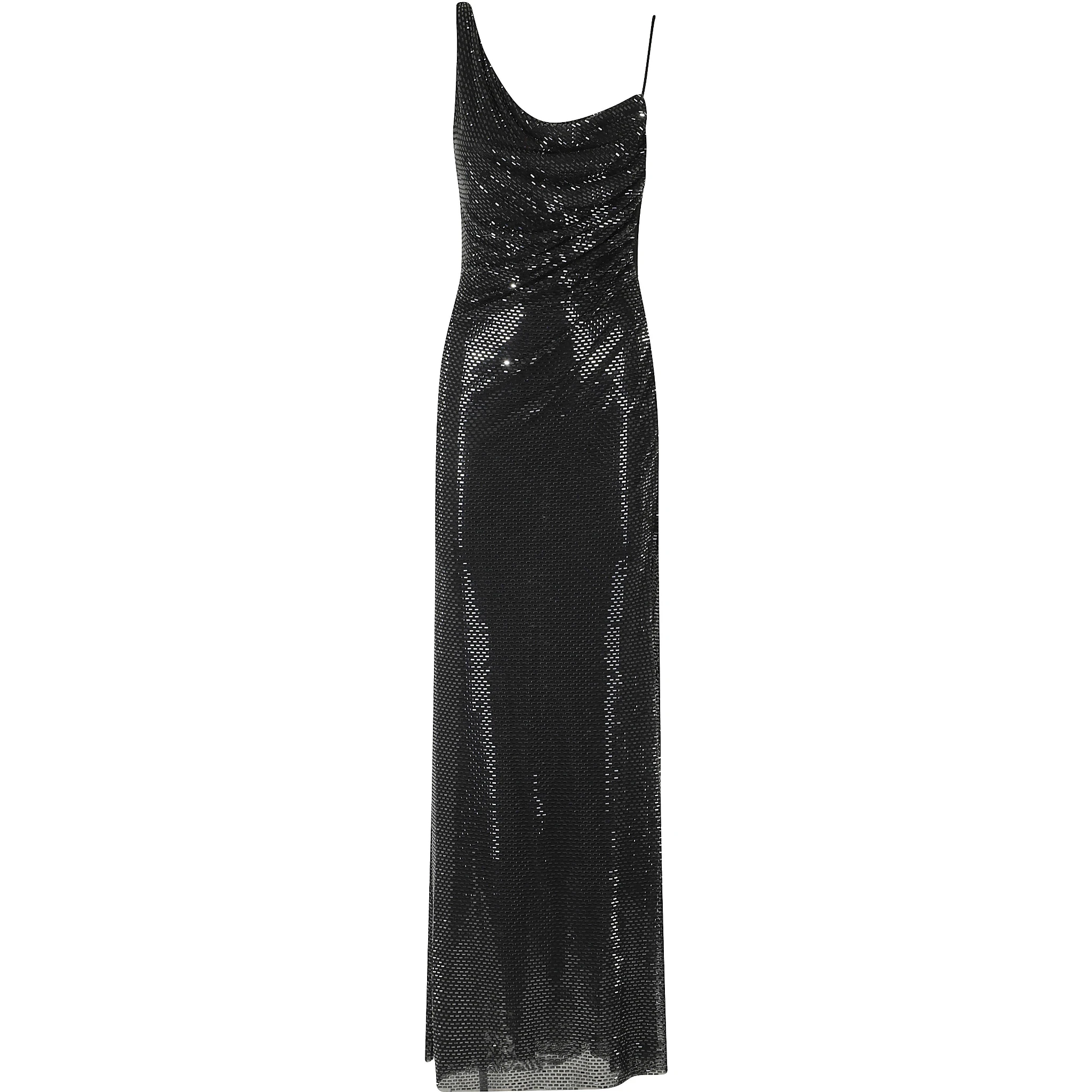 BLACK RHINESTONE DRAPED MAXI DRESS