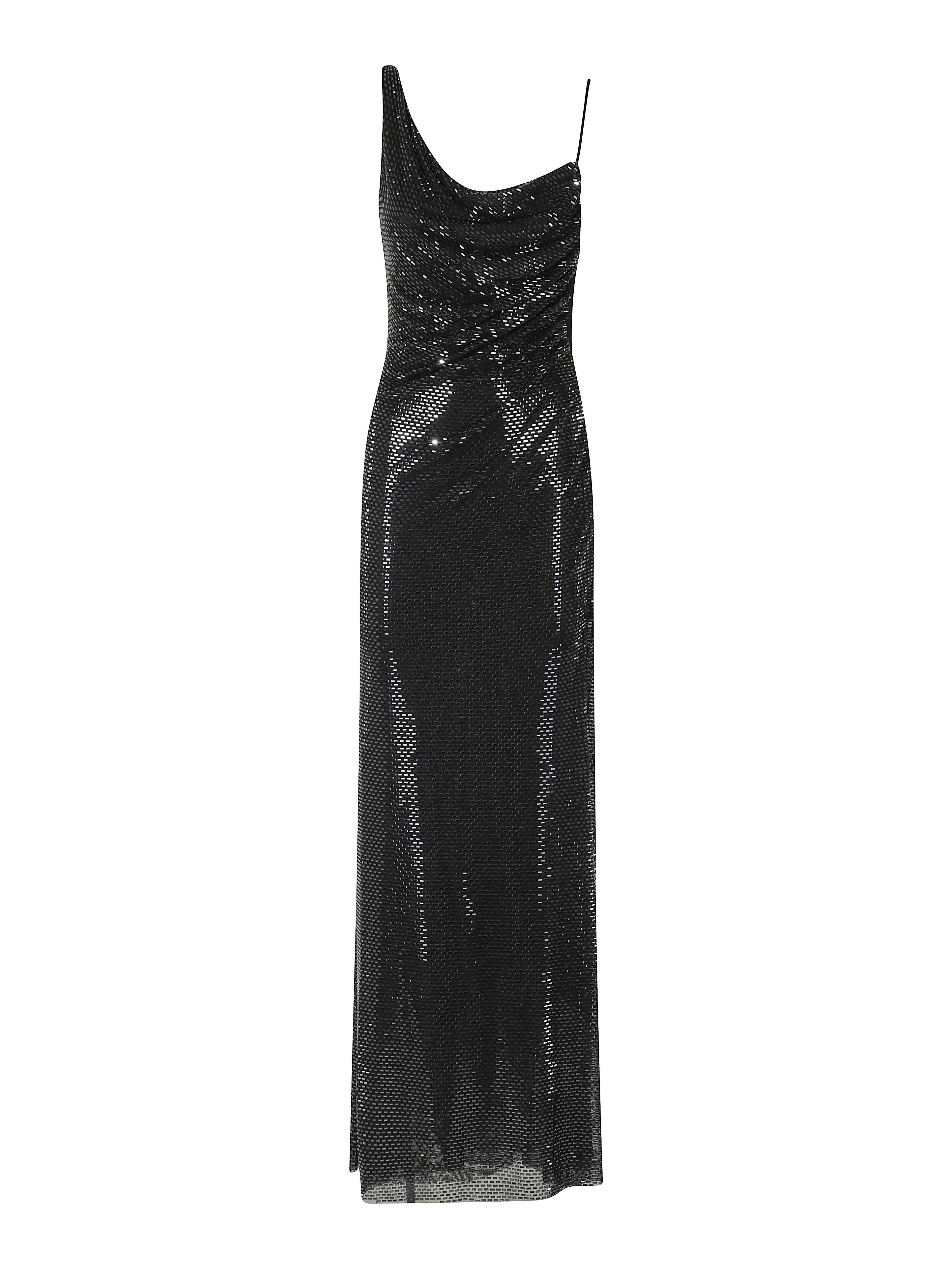 BLACK RHINESTONE DRAPED MAXI DRESS