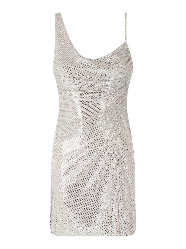 CHAMPAGNE RHINESTONE DRAPED MINI DRESS