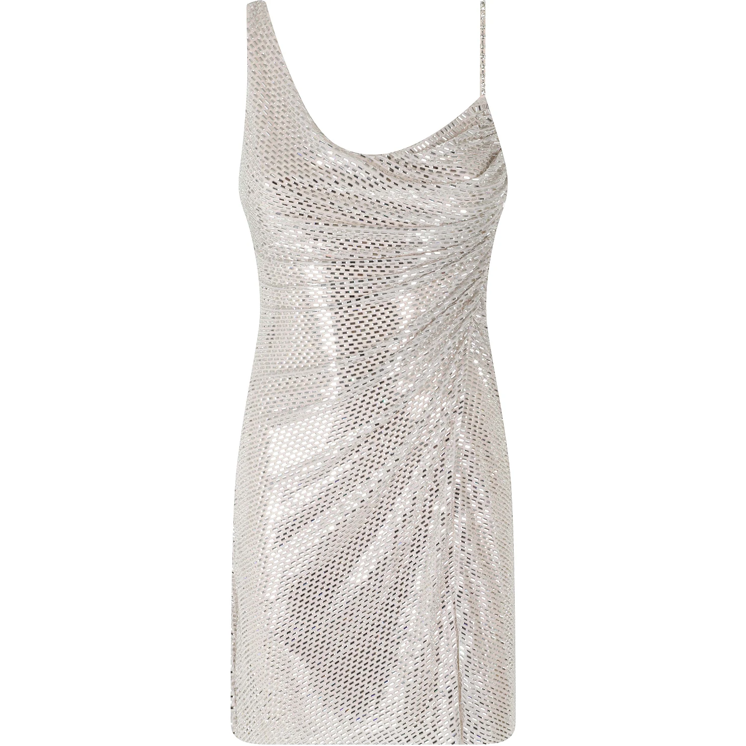 CHAMPAGNE RHINESTONE DRAPED MINI DRESS