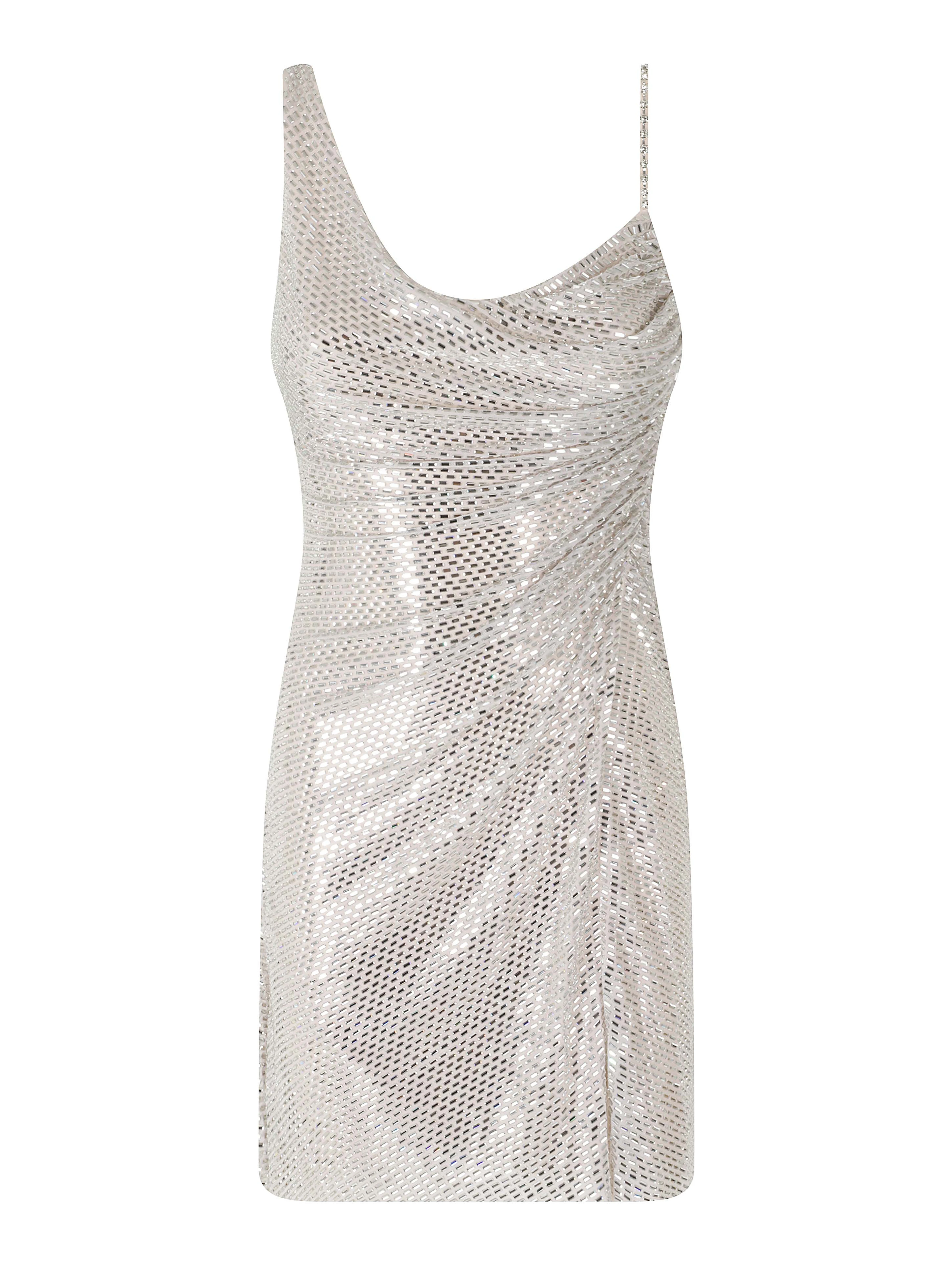 CHAMPAGNE RHINESTONE DRAPED MINI DRESS