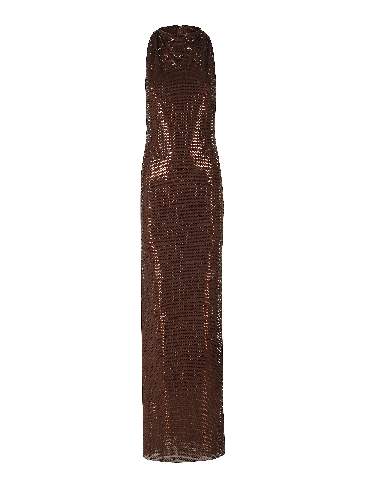 BROWN RHINESTONE RACER BACK MAXI DRESS