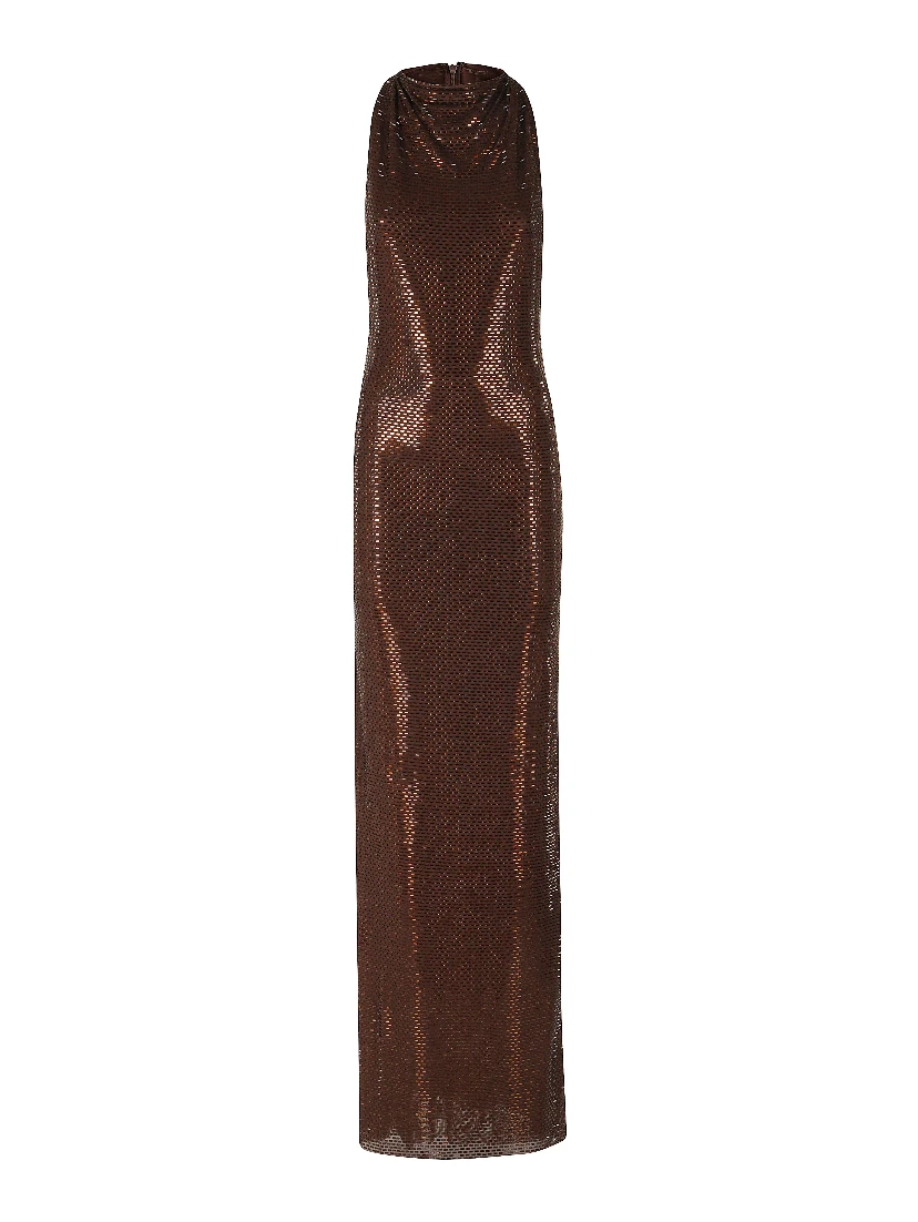 BROWN RHINESTONE RACER BACK MAXI DRESS