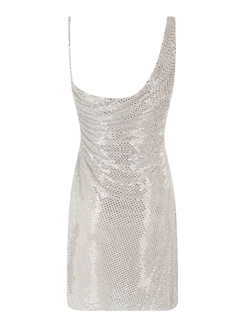CHAMPAGNE RHINESTONE DRAPED MINI DRESS