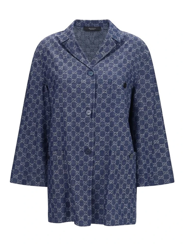 Blue Cotton Full-Length Jacket